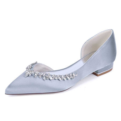 Satin Rhinestones Wedding Shoes for Bride Pointed Toe Slip on Flats