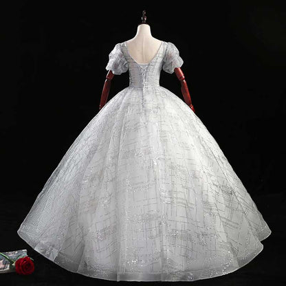 Puffed Sleeve Silver Sparkle Tulle Ball Gown Dress