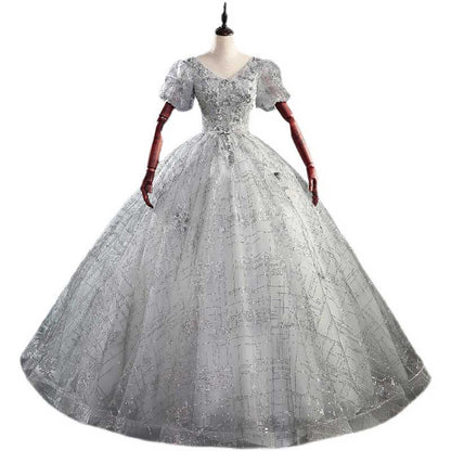 Puffed Sleeve Silver Sparkle Tulle Ball Gown Dress