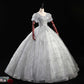 Puffed Sleeve Silver Sparkle Tulle Ball Gown Dress