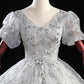 Puffed Sleeve Silver Sparkle Tulle Ball Gown Dress