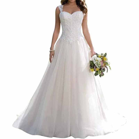 Elegant simple princess wedding dress with lace bodice and flowing skirt for a timeless bridal look