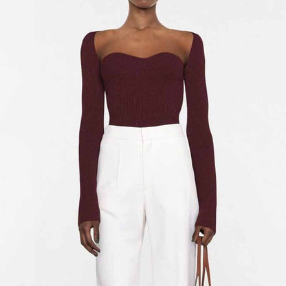 Square Neck Ribbed Knitted Sweater Long Sleeve Slim Fitted Tops