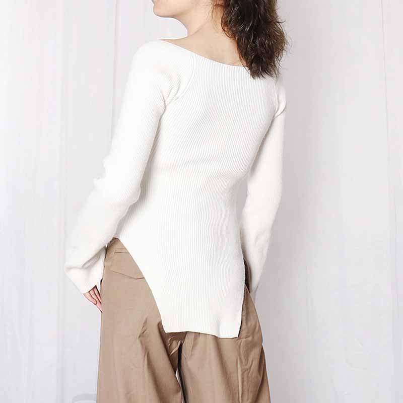 Square Neck Ribbed Knitted Sweater Long Sleeve Slim Fitted Tops