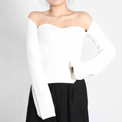 Square Neck Ribbed Knitted Sweater Long Sleeve Slim Fitted Tops