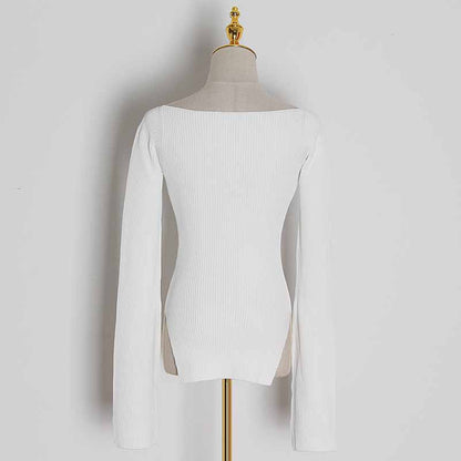 Square Neck Ribbed Knitted Sweater Long Sleeve Slim Fitted Tops