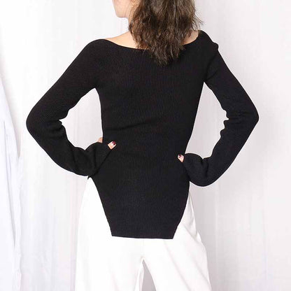Square Neck Ribbed Knitted Sweater Long Sleeve Slim Fitted Tops
