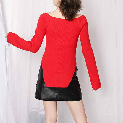 Square Neck Ribbed Knitted Sweater Long Sleeve Slim Fitted Tops
