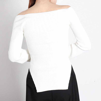 Square Neck Ribbed Knitted Sweater Long Sleeve Slim Fitted Tops
