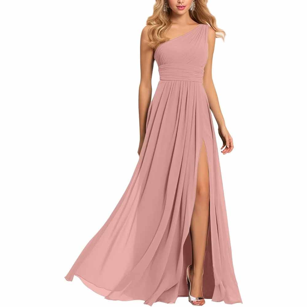 One Shoulder Bridesmaid Dresses Wedding Chiffon Pleated Prom Dress with Slit Wedding Gowns