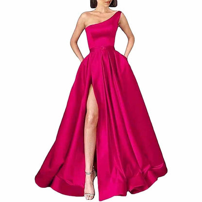 One Shoulder Prom Gown Satin Long Prom Dresses High Split Wedding Party Gowns