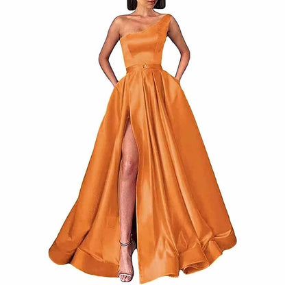 One Shoulder Prom Gown Satin Long Prom Dresses High Split Wedding Party Gowns