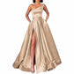 One Shoulder Prom Gown Satin Long Prom Dresses Slit A-line Bodice Formal Evening Party Gowns