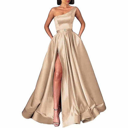 One Shoulder Prom Gown Satin Long Prom Dresses High Split Wedding Party Gowns