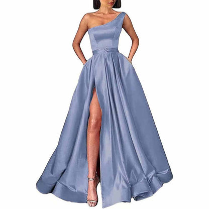One Shoulder Prom Gown Satin Long Prom Dresses High Split Wedding Party Gowns