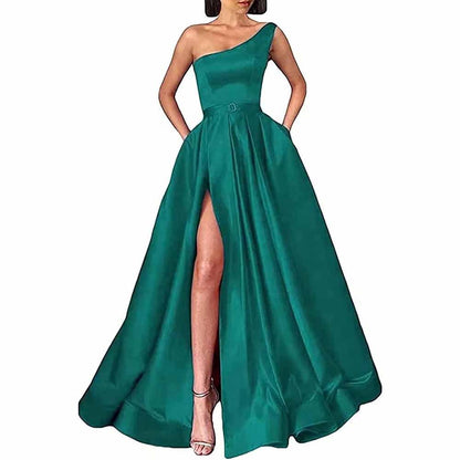 One Shoulder Prom Gown Satin Long Prom Dresses High Split Wedding Party Gowns