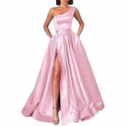 One Shoulder Prom Gown Satin Long Prom Dresses High Split Wedding Party Gowns