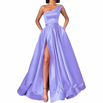 One Shoulder Prom Gown Satin Long Prom Dresses High Split Wedding Party Gowns