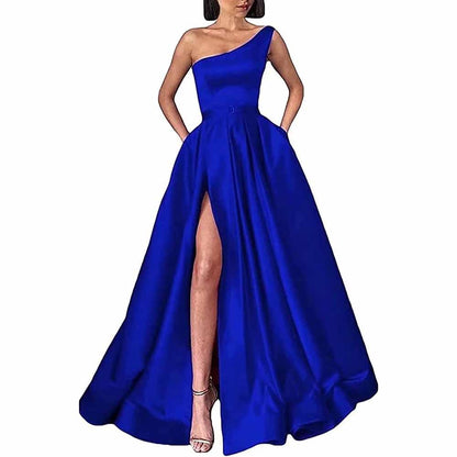 One Shoulder Prom Gown Satin Long Prom Dresses High Split Wedding Party Gowns