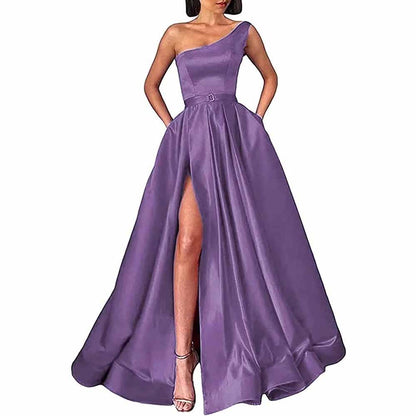 One Shoulder Prom Gown Satin Long Prom Dresses High Split Wedding Party Gowns
