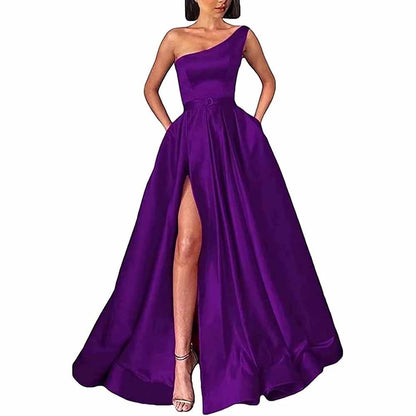 One Shoulder Prom Gown Satin Long Prom Dresses High Split Wedding Party Gowns