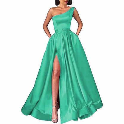 One Shoulder Prom Gown Satin Long Prom Dresses High Split Wedding Party Gowns
