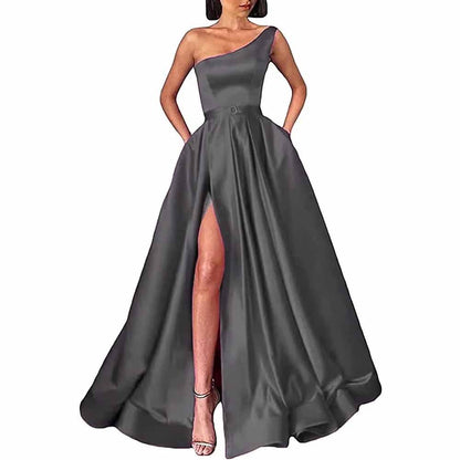 One Shoulder Prom Gown Satin Long Prom Dresses High Split Wedding Party Gowns