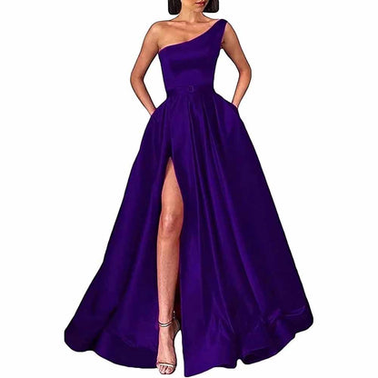 One Shoulder Prom Gown Satin Long Prom Dresses High Split Wedding Party Gowns