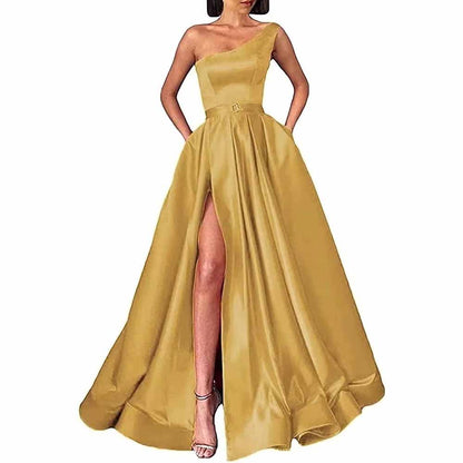 One Shoulder Prom Gown Satin Long Prom Dresses High Split Wedding Party Gowns