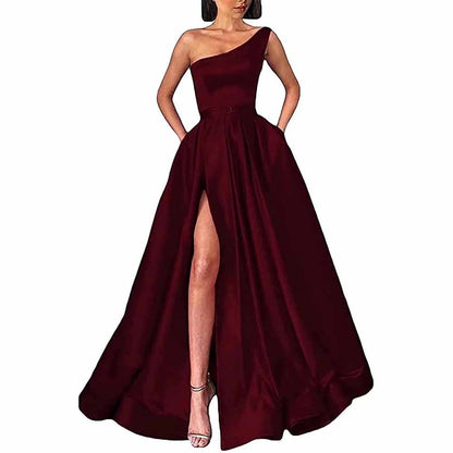 One Shoulder Prom Gown Satin Long Prom Dresses High Split Wedding Party Gowns