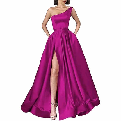One Shoulder Prom Gown Satin Long Prom Dresses High Split Wedding Party Gowns