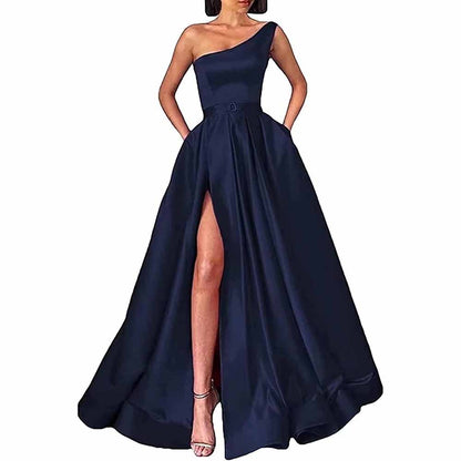 One Shoulder Prom Gown Satin Long Prom Dresses High Split Wedding Party Gowns