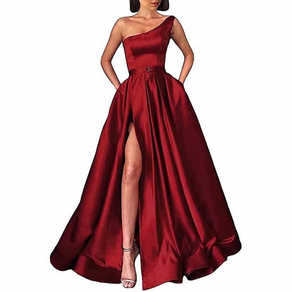 One Shoulder Prom Gown Satin Long Prom Dresses High Split Wedding Party Gowns