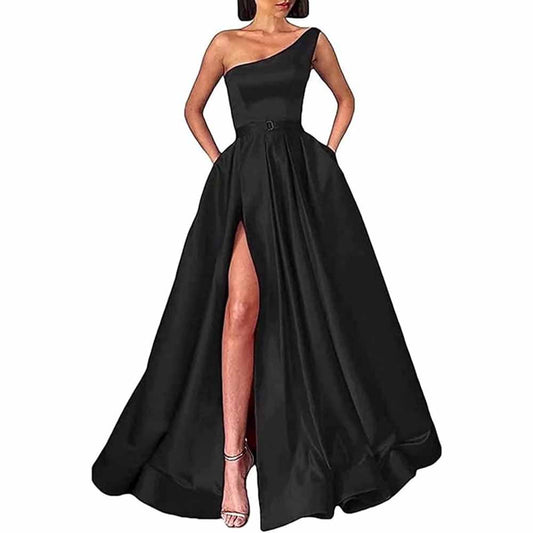 One Shoulder Prom Gown Satin Long Prom Dresses Slit A-line Bodice Formal Evening Party Gowns