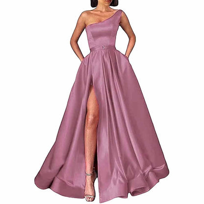 One Shoulder Prom Gown Satin Long Prom Dresses High Split Wedding Party Gowns