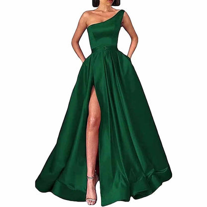 One Shoulder Prom Gown Satin Long Prom Dresses High Split Wedding Party Gowns