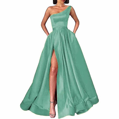 One Shoulder Prom Gown Satin Long Prom Dresses High Split Wedding Party Gowns