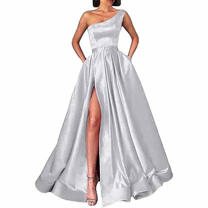 One Shoulder Prom Gown Satin Long Prom Dresses High Split Wedding Party Gowns