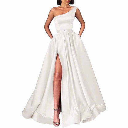 One Shoulder Prom Gown Satin Long Prom Dresses High Split Wedding Party Gowns