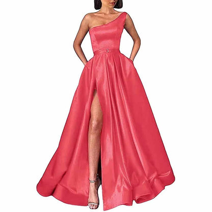 One Shoulder Prom Gown Satin Long Prom Dresses High Split Wedding Party Gowns