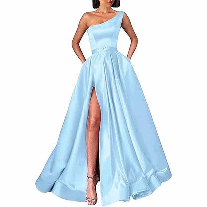 One Shoulder Prom Gown Satin Long Prom Dresses High Split Wedding Party Gowns