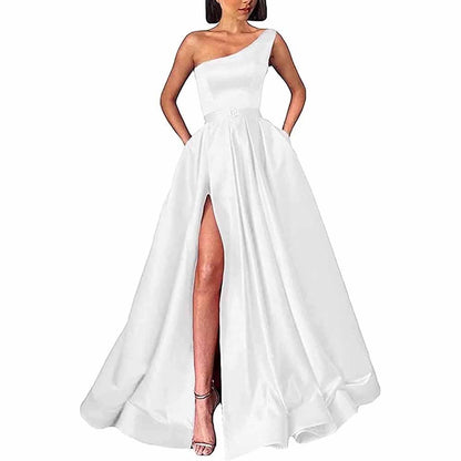 One Shoulder Prom Gown Satin Long Prom Dresses High Split Wedding Party Gowns