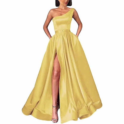 One Shoulder Prom Gown Satin Long Prom Dresses High Split Wedding Party Gowns