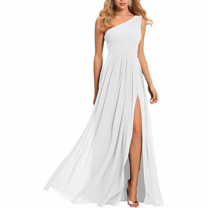 One Shoulder Bridesmaid Dresses Wedding Chiffon Pleated Prom Dress with Slit Wedding Gowns