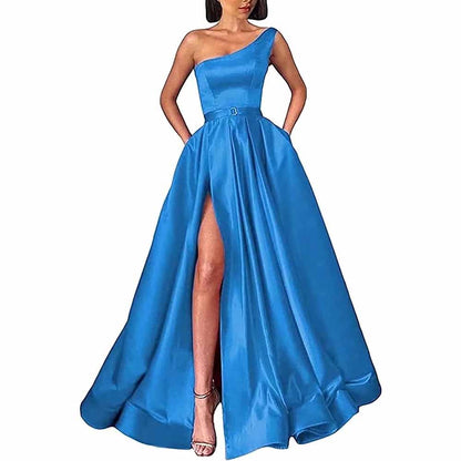 One Shoulder Prom Gown Satin Long Prom Dresses High Split Wedding Party Gowns