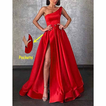 One Shoulder Prom Gown Satin Long Prom Dresses High Split Wedding Party Gowns