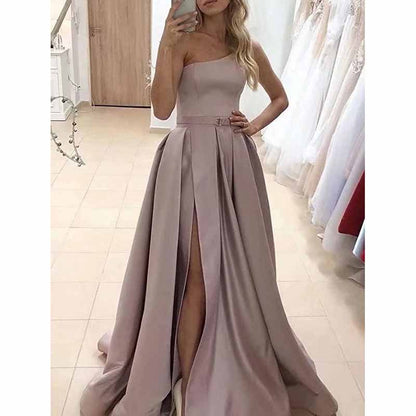 One Shoulder Prom Gown Satin Long Prom Dresses High Split Wedding Party Gowns
