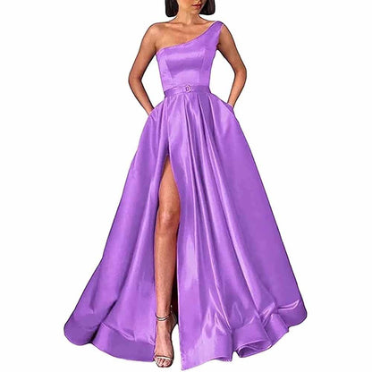 One Shoulder Prom Gown Satin Long Prom Dresses High Split Wedding Party Gowns
