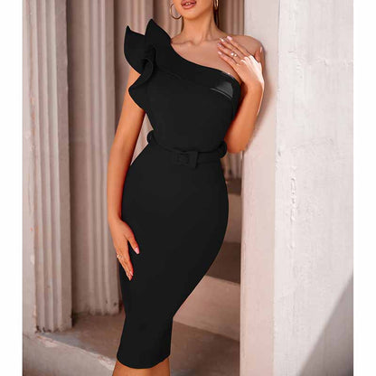 Women 'S One Shoulder Bodycon Bandage Cocktial Party Dresses Rayon Belt Detail Party Dress