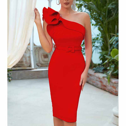 Women 'S One Shoulder Bodycon Bandage Cocktial Party Dresses Rayon Belt Detail Party Dress